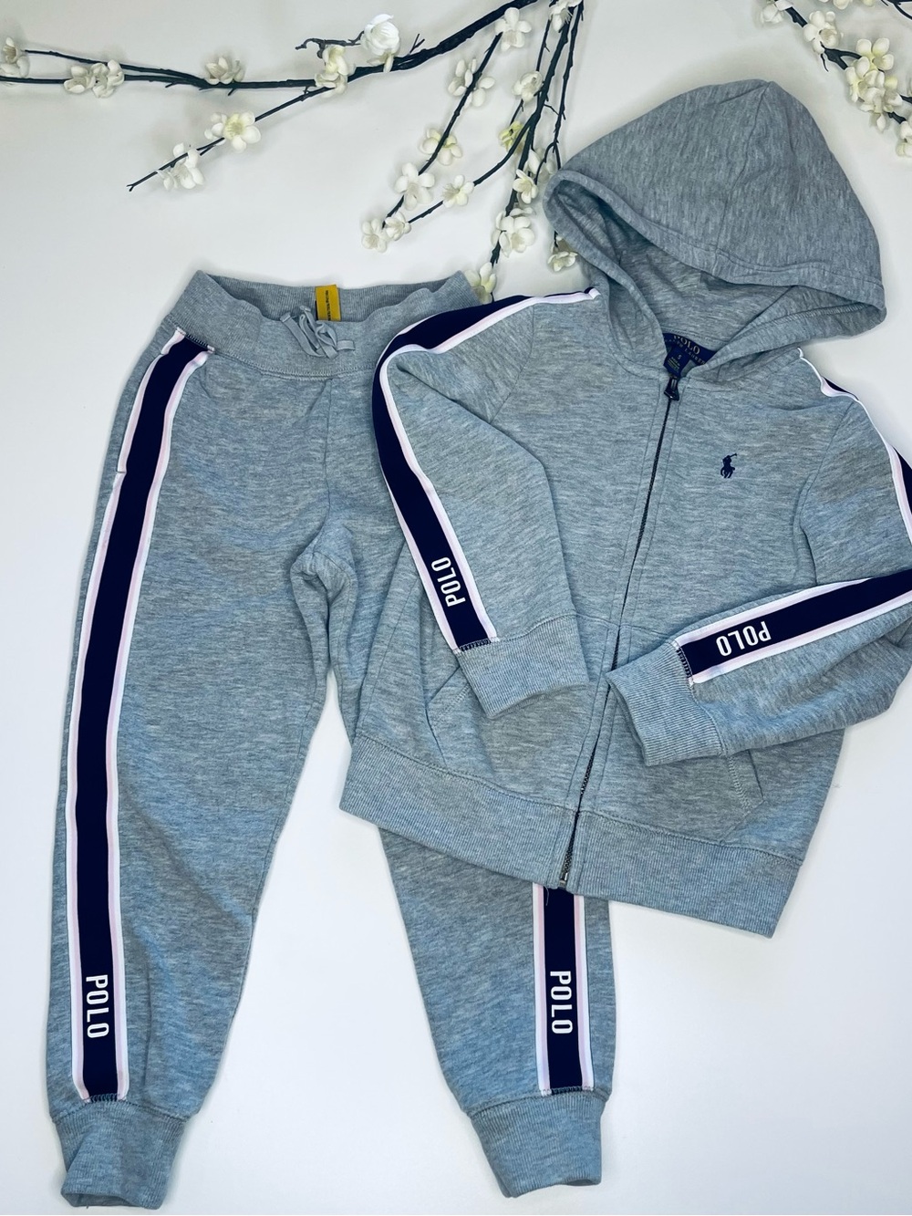 Polo by Ralph Lauren Grey Hoodie & Joggers Set with Navy Stripe